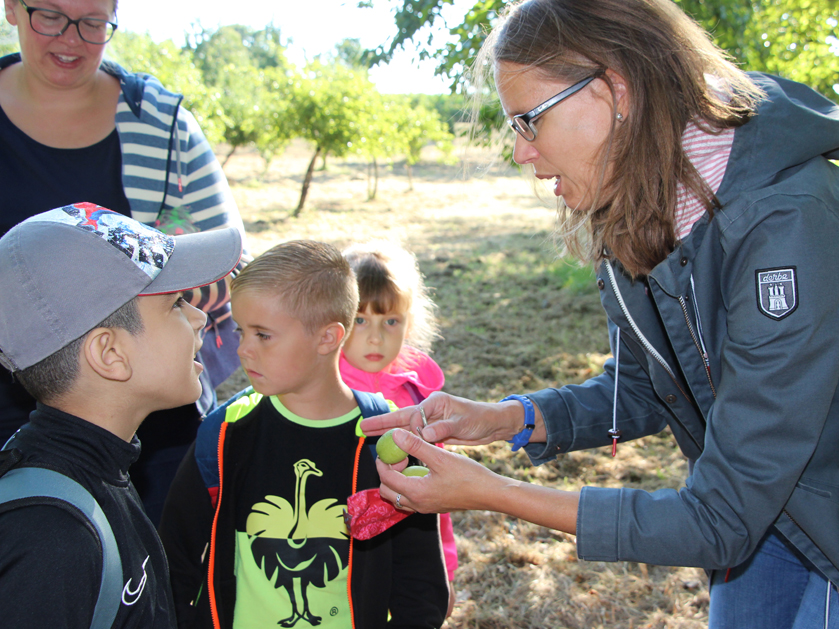 Frühförderin zeigt Kindern eine Frucht