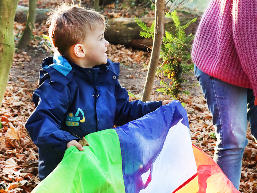 kleiner Junge im Wald umgeben von Herbstlaub