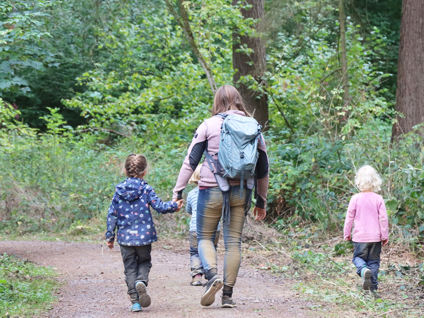 Erzieherin geht mit Kleinkindern im Wald spazieren